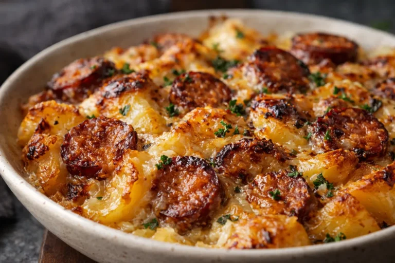 A Golden Brown Kielbasa Cheesy Potato Casserole In A White Baking Dish