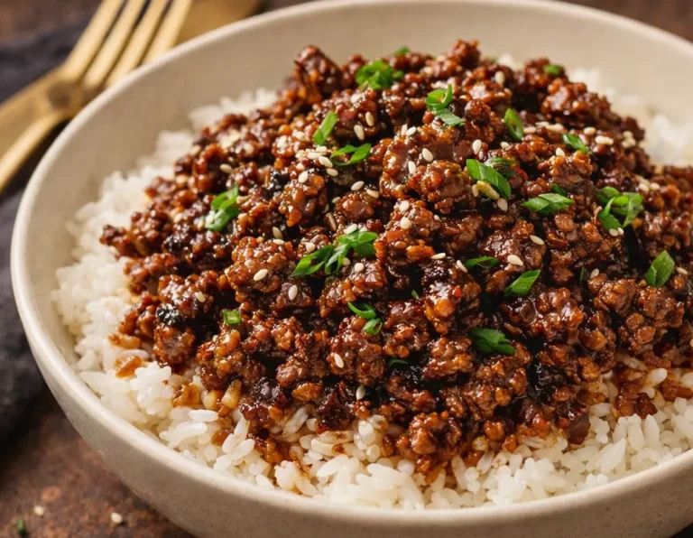 A Delicious Korean Ground Beef Bowl Topped With Green Onions And Sesame