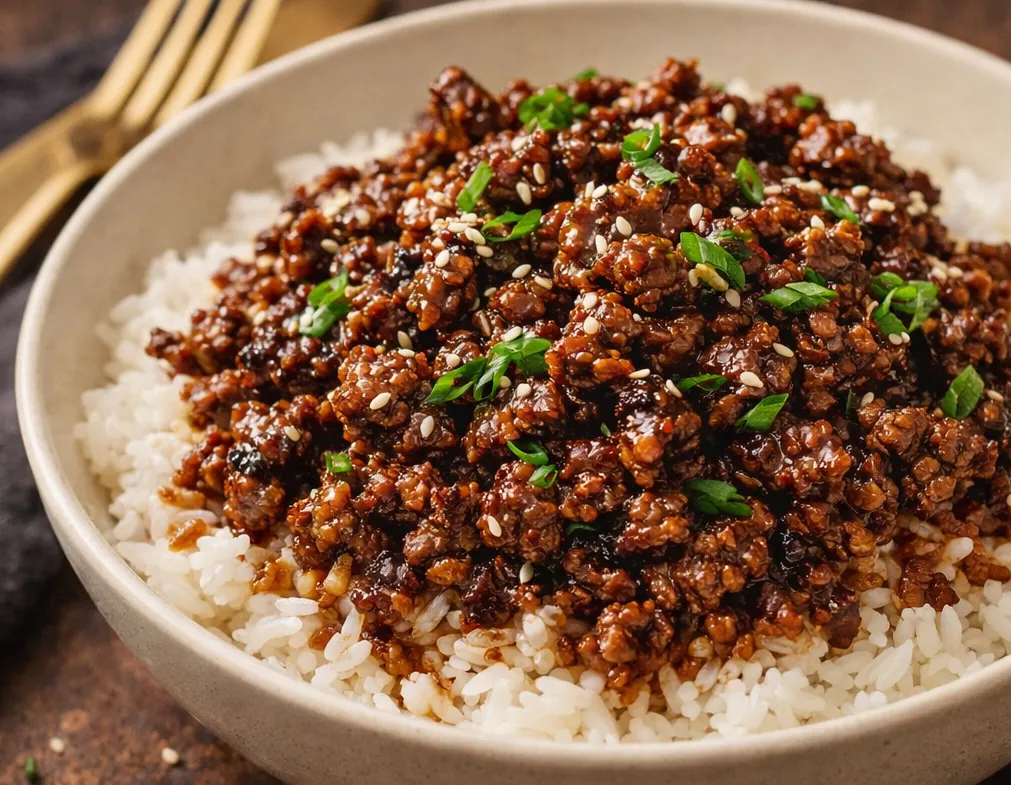 A Delicious Korean Ground Beef Bowl Topped With Green Onions And Sesame