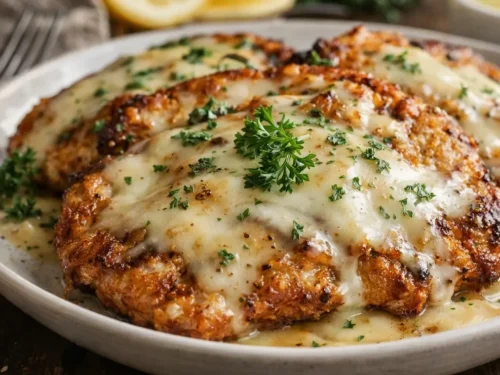 A Golden Brown Malibu Chicken Breast Topped With Melted Swiss Cheese And