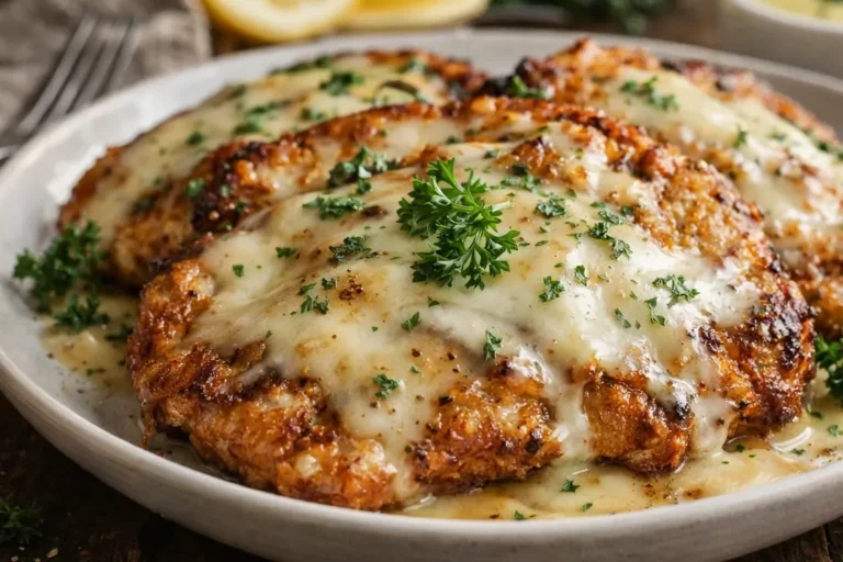 A Golden Brown Malibu Chicken Breast Topped With Melted Swiss Cheese And
