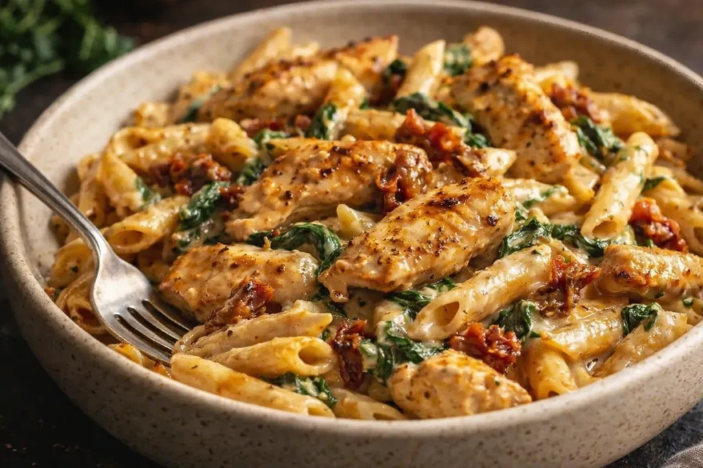 A White Bowl Filled With Creamy Marry Me Chicken Pasta Garnished With