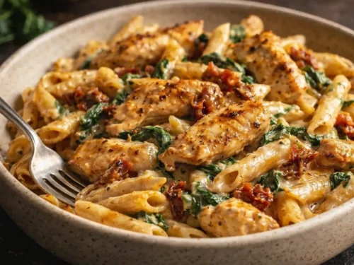 A White Bowl Filled With Creamy Marry Me Chicken Pasta Garnished With