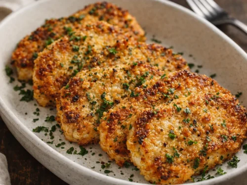 A Platter Of Golden Brown Parmesan Baked Pork Chops Garnished With Fresh