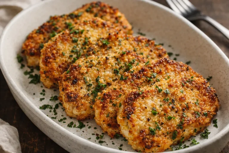 A Platter Of Golden Brown Parmesan Baked Pork Chops Garnished With Fresh