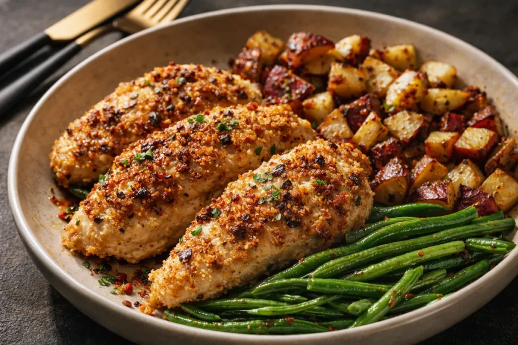 A Golden Brown Parmesan Crusted Chicken Breast Served On A Sheet Pan