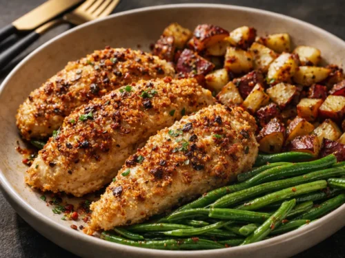 A Golden Brown Parmesan Crusted Chicken Breast Served On A Sheet Pan