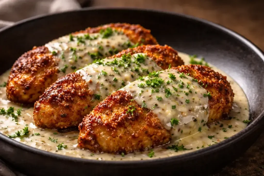 A Plate Of Golden Brown Parmesan Crusted Chicken Topped With Creamy Garlic