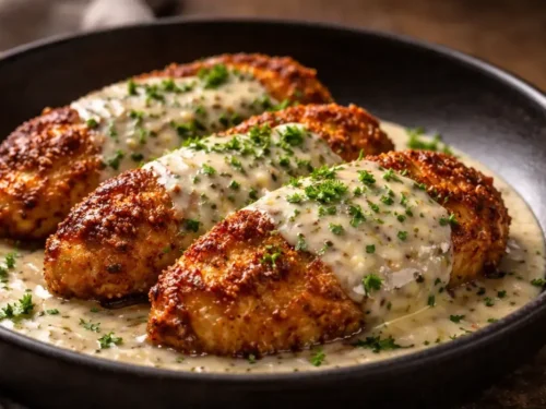 A Plate Of Golden Brown Parmesan Crusted Chicken Topped With Creamy Garlic