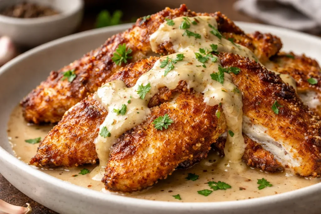 A Skillet Filled With Golden Parmesan Garlic Chicken Smothered In A Creamy