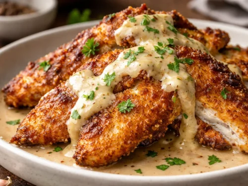 A Skillet Filled With Golden Parmesan Garlic Chicken Smothered In A Creamy