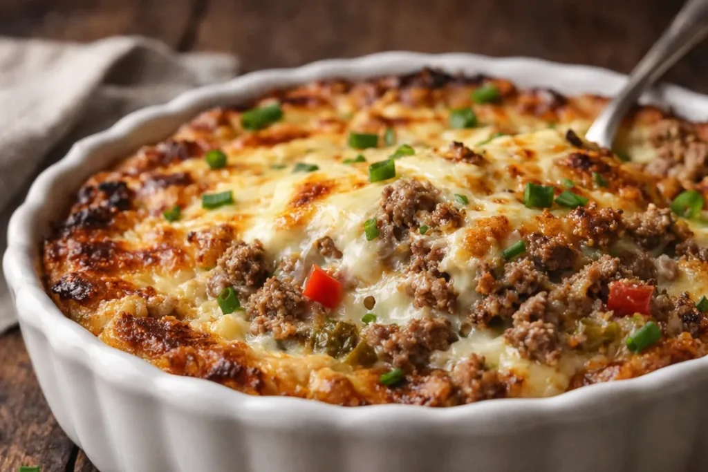 A Golden Bubbly Philly Cheesesteak Casserole In A Baking Dish With Melted