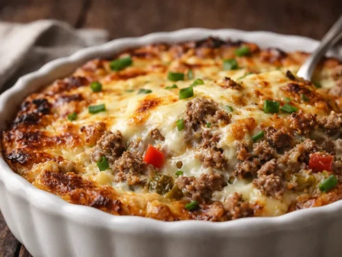 A Golden Bubbly Philly Cheesesteak Casserole In A Baking Dish With Melted