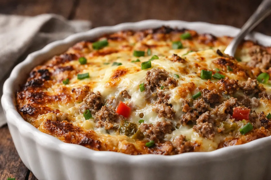Philly Cheesesteak Casserole: The Ultimate Cheesy Low-Carb Comfort Food A Golden Bubbly Philly Cheesesteak Casserole In A Baking Dish With Melted
