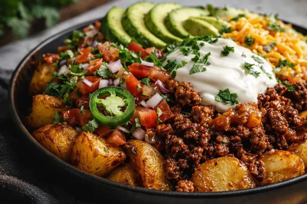 A Vibrant Potato Taco Bowl With Crispy Roasted Potatoes, Seasoned Ground Beef,