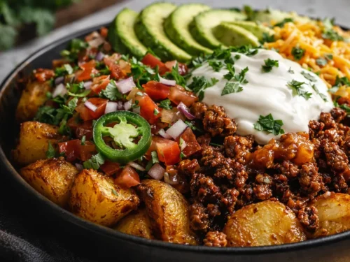A Vibrant Potato Taco Bowl With Crispy Roasted Potatoes, Seasoned Ground Beef,