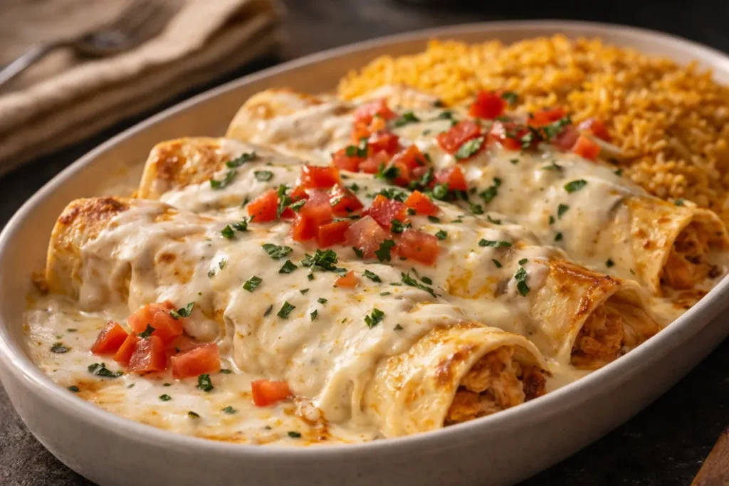 A Baking Dish Filled With Queso Chicken Enchiladas Covered In Creamy White