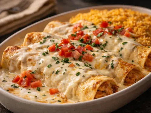 A Baking Dish Filled With Queso Chicken Enchiladas Covered In Creamy White