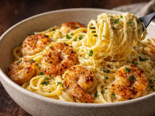 A White Baking Dish Filled With Cheesy Shrimp Scampi Cream Pasta Garnished
