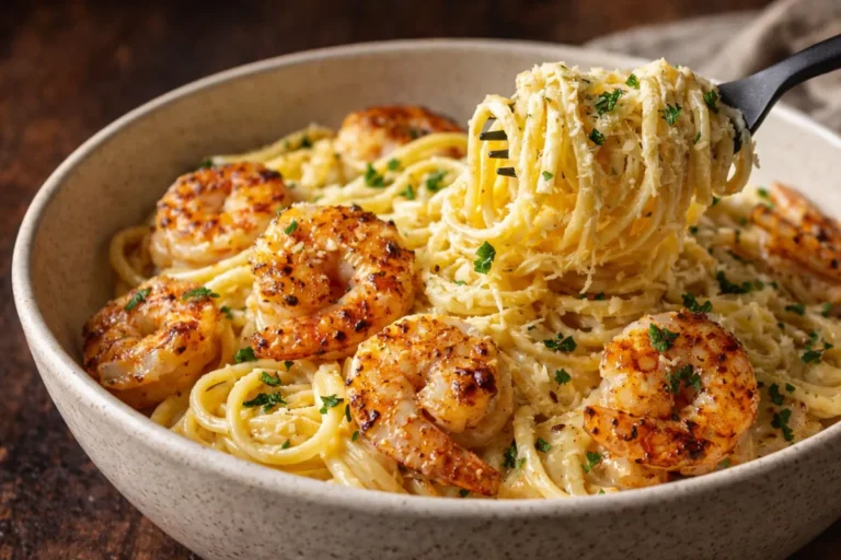 A White Baking Dish Filled With Cheesy Shrimp Scampi Cream Pasta Garnished