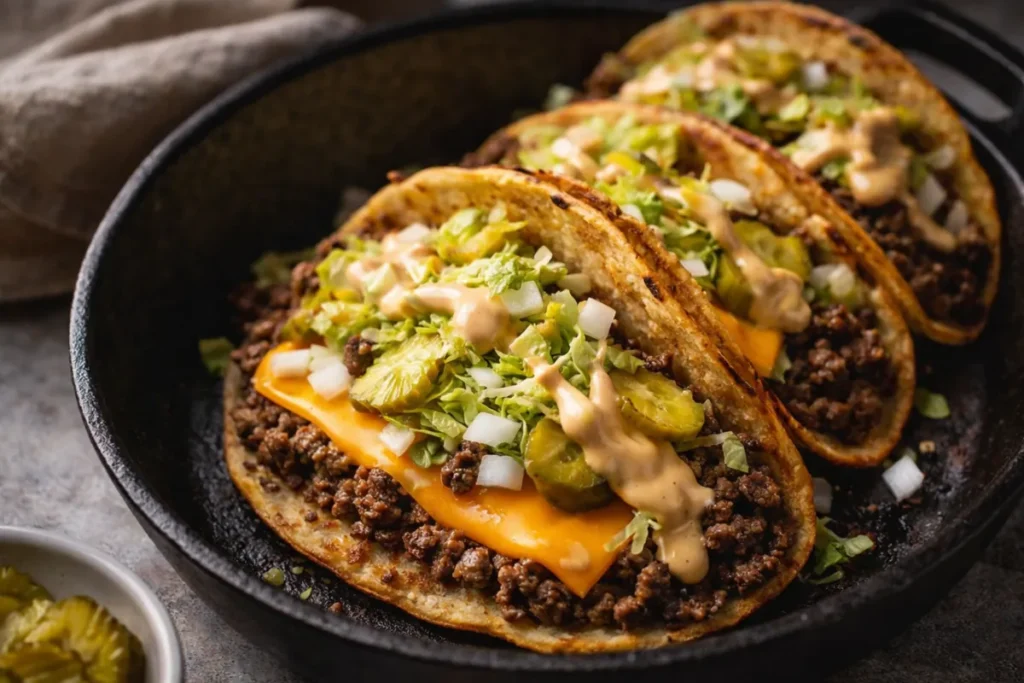 A Plate Of Crispy Smash Burger Tacos Topped With Melted Cheese And
