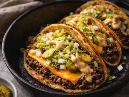 A Plate Of Crispy Smash Burger Tacos Topped With Melted Cheese And