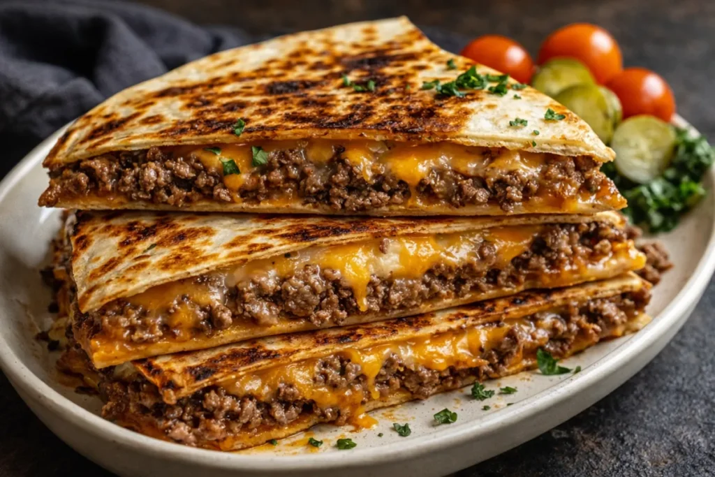 A Golden Brown Smashburger Quesadillas Sliced Into Triangles Showing Melted Cheese And