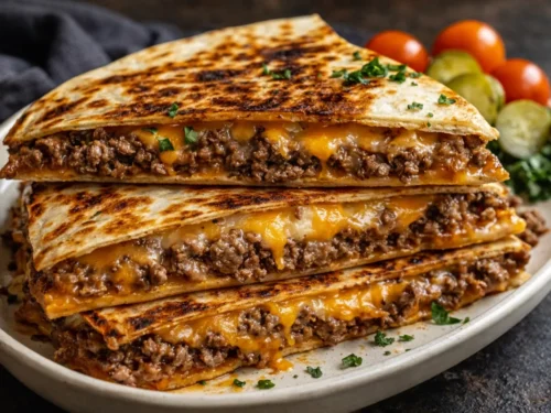 A Golden Brown Smashburger Quesadillas Sliced Into Triangles Showing Melted Cheese And