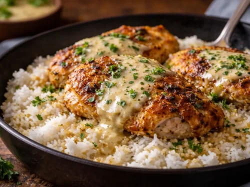 A Skillet Filled With Smothered Chicken Rice Featuring Golden Chicken Breasts And