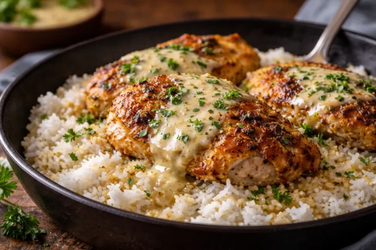 A Skillet Filled With Smothered Chicken Rice Featuring Golden Chicken Breasts And