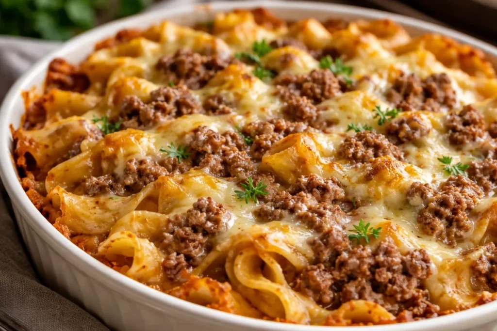 A White Baking Dish Filled With Cheesy Sour Cream Beef Noodles Topped