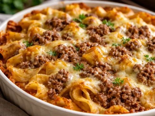 A White Baking Dish Filled With Cheesy Sour Cream Beef Noodles Topped