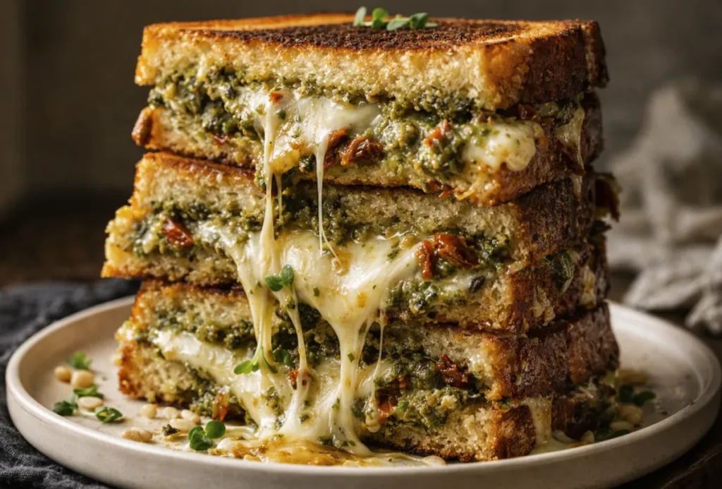A Golden Brown Sourdough Pesto Grilled Cheese Sandwich With Melted Mozzarella And