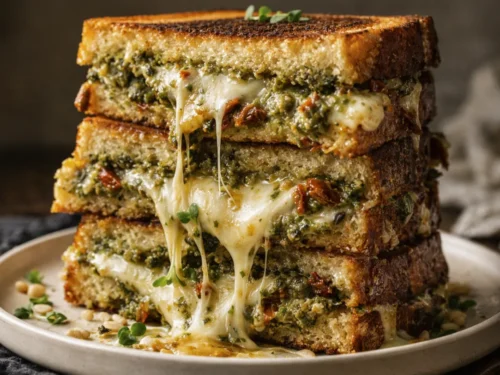 A Golden Brown Sourdough Pesto Grilled Cheese Sandwich With Melted Mozzarella And