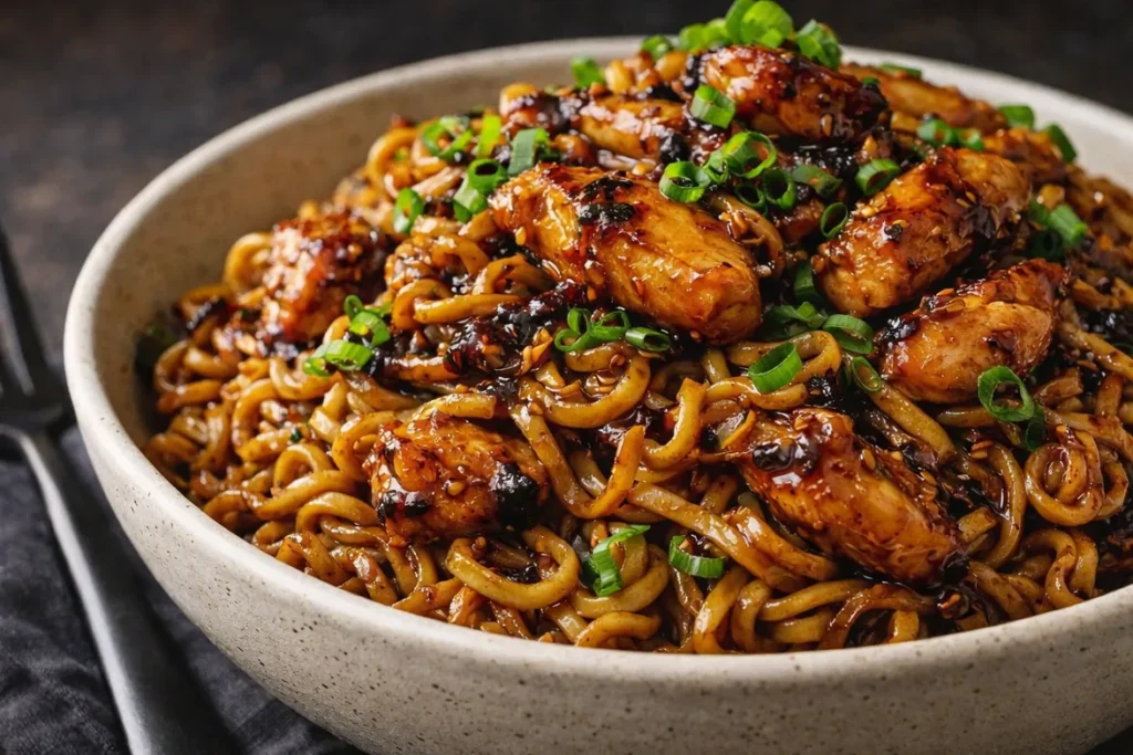 A Close Up Bowl Of Sticky Garlic Chicken Noodles Garnished With Green