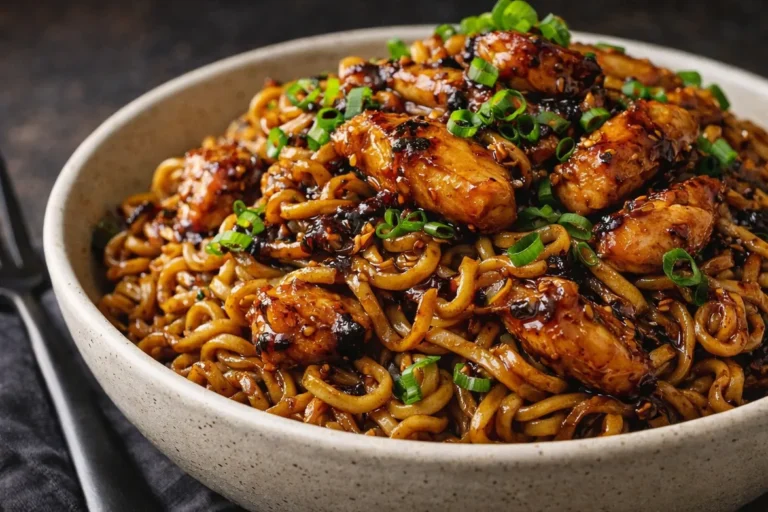 A Close Up Bowl Of Sticky Garlic Chicken Noodles Garnished With Green