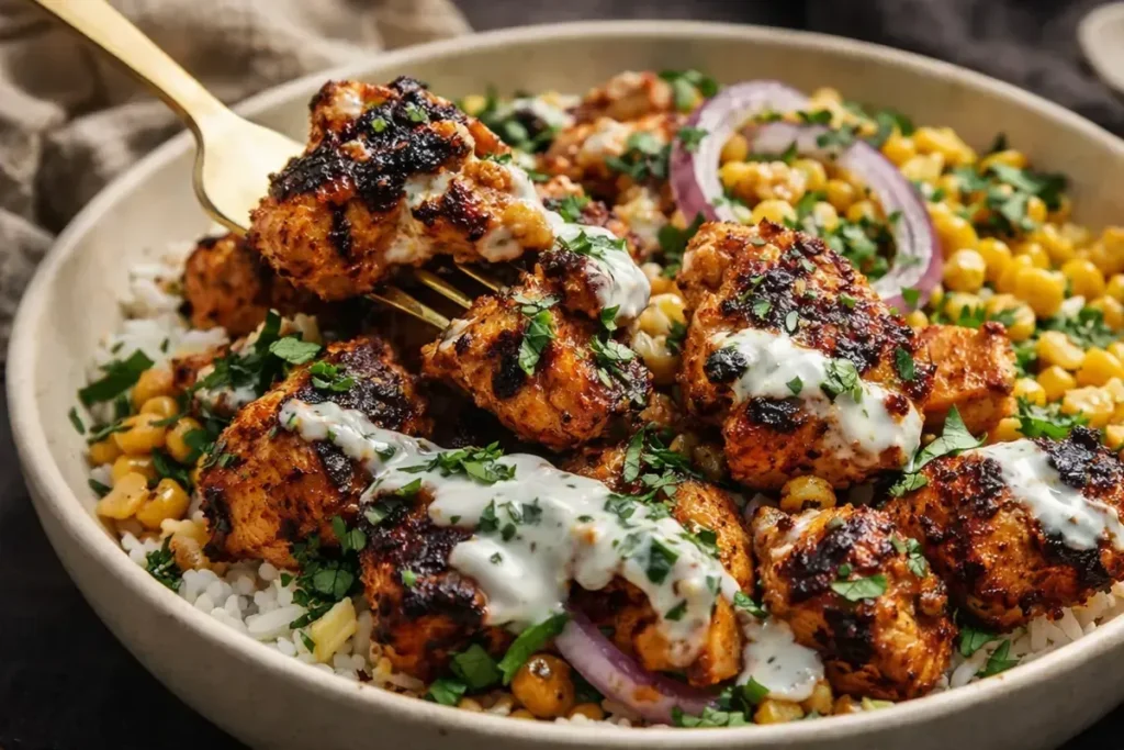 A Vibrant Street Corn Chicken Bowl With Grilled Chicken, Creamy Corn, Cotija