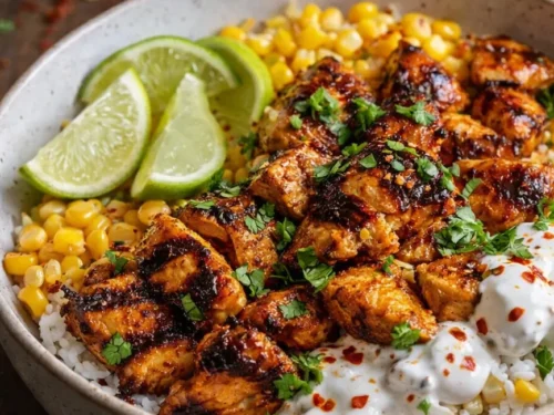 A Vibrant Street Corn Chicken Rice Bowl Topped With Grilled Chicken And