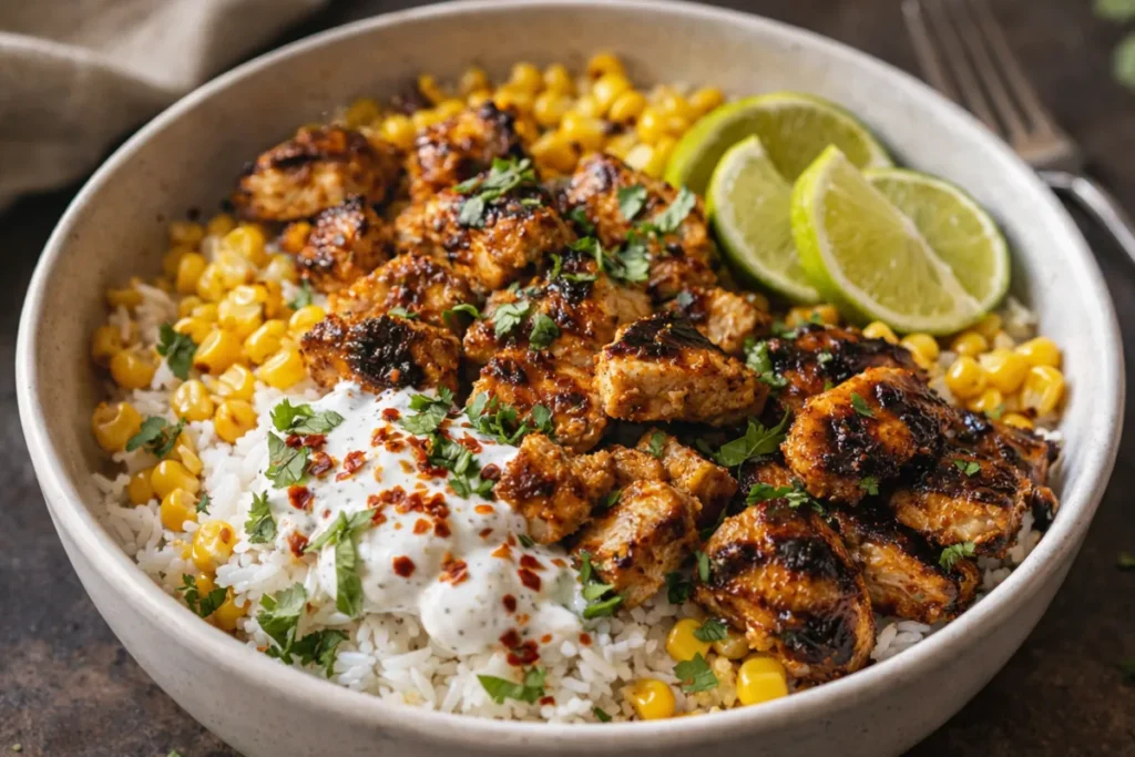 A Vibrant Street Corn Chicken Rice Bowl Topped With Charred Corn, Cotija