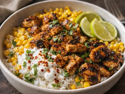 A Vibrant Street Corn Chicken Rice Bowl Topped With Charred Corn, Cotija