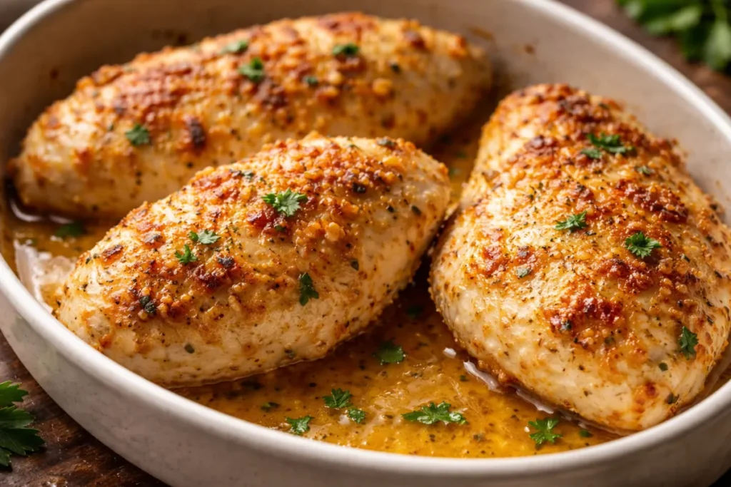 A Golden Brown Tender Baked Chicken Breast With A Creamy Garlic Parmesan