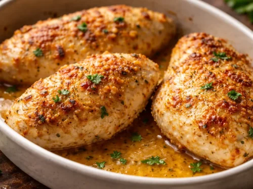 A Golden Brown Tender Baked Chicken Breast With A Creamy Garlic Parmesan