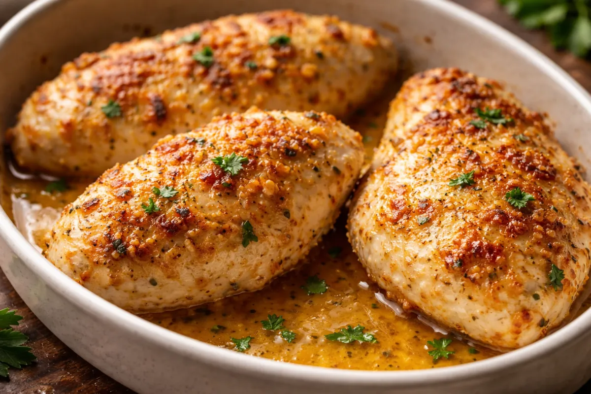 Tender Baked Chicken Breast with Creamy Garlic Parmesan Crust A Golden Brown Tender Baked Chicken Breast With A Creamy Garlic Parmesan