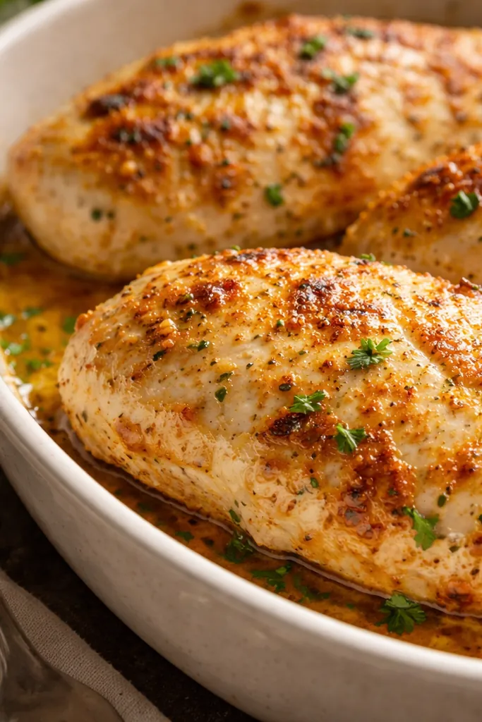 Tender Baked Chicken Breast with Creamy Garlic Parmesan Crust