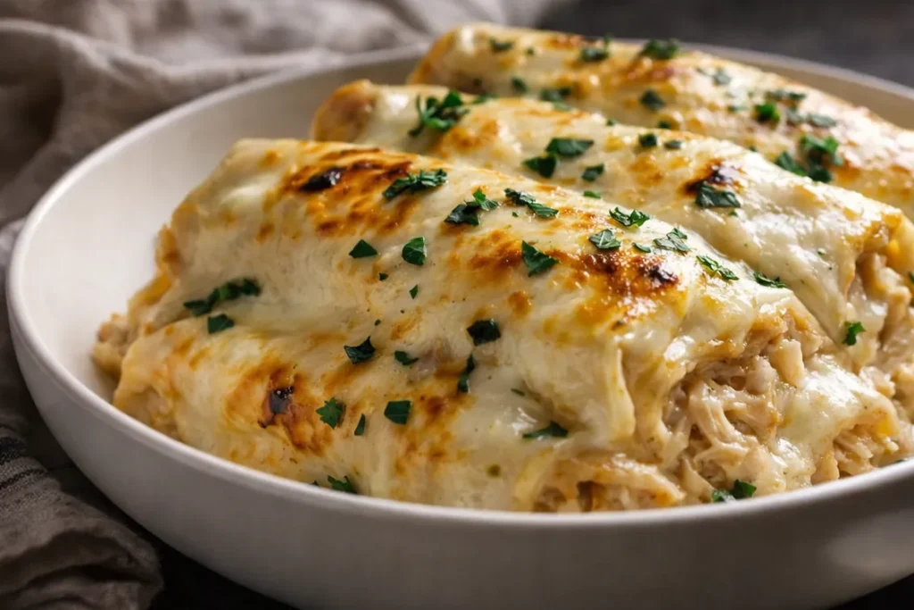 A Baking Dish Filled With Cheesy White Chicken Enchiladas Topped With Melted