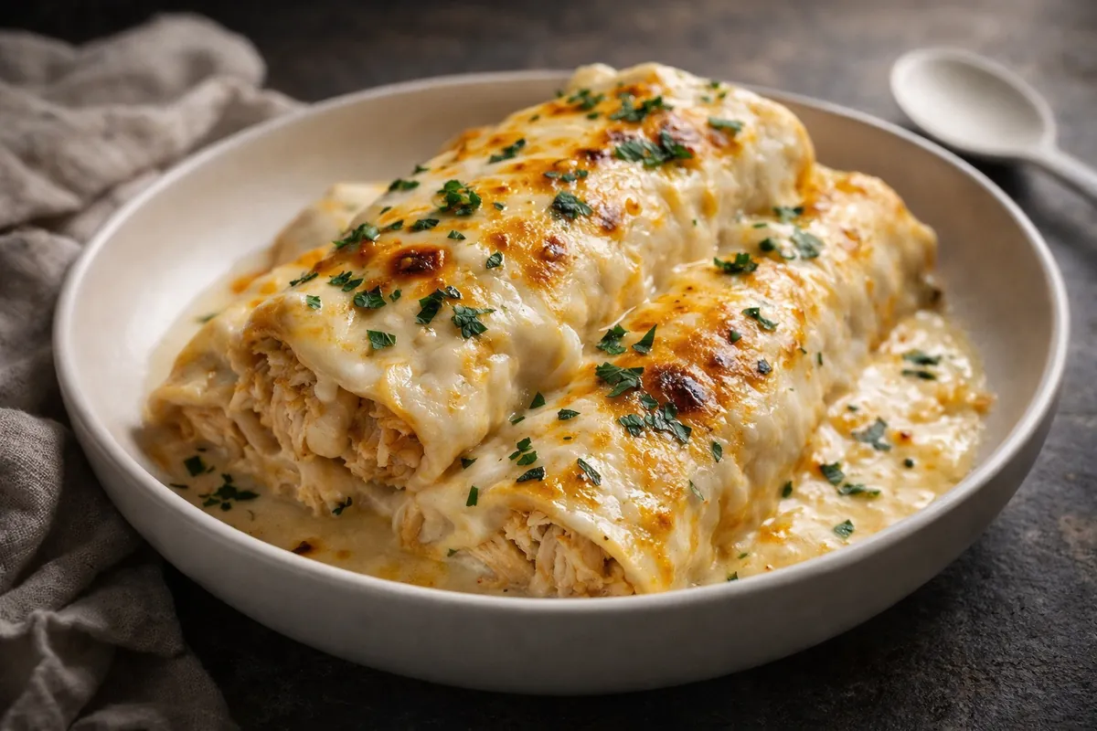 White Chicken Enchiladas with a Creamy Green Chile Sauce