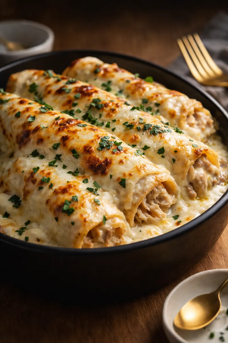 White Chicken Enchiladas with a Creamy Green Chile Sauce