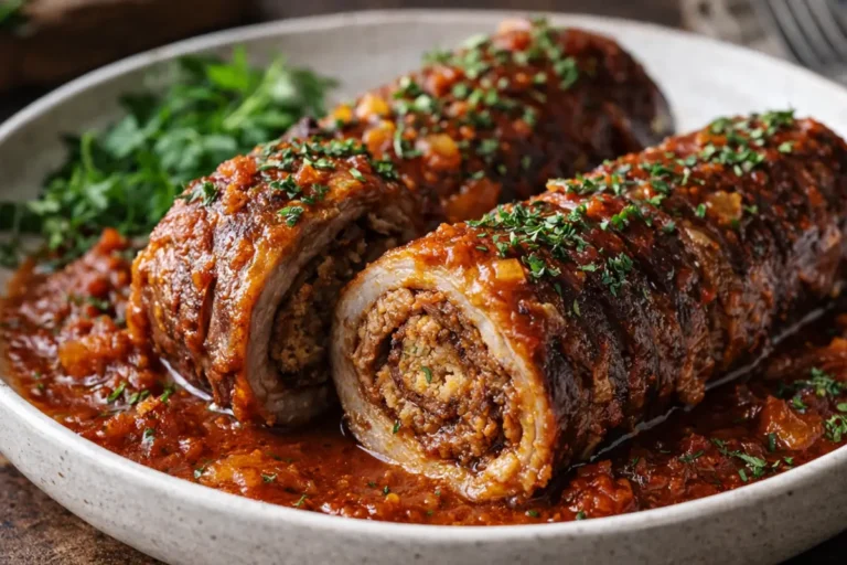 A Platter Of Saucy Beef Braciole Easy Dinner Ideas Sliced Into Rounds