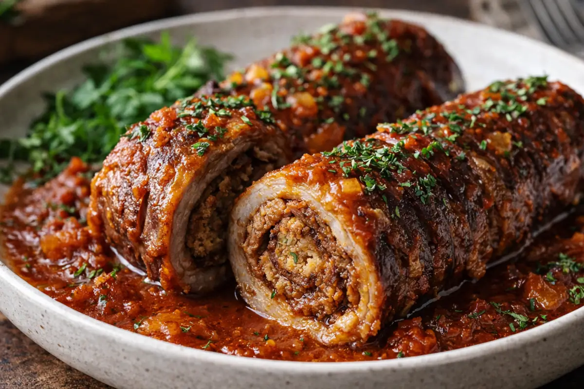 Saucy Beef Braciole easy dinner ideas A Platter Of Saucy Beef Braciole Easy Dinner Ideas Sliced Into Rounds