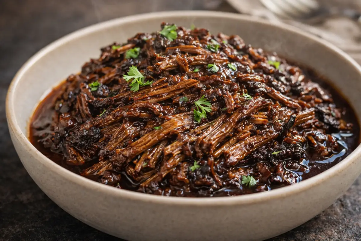 Tender Caramelized Pulled Beef Brisket for Easy Dinner Ideas A Close Up Shot Of Tender Caramelized Pulled Beef Brisket For Easy
